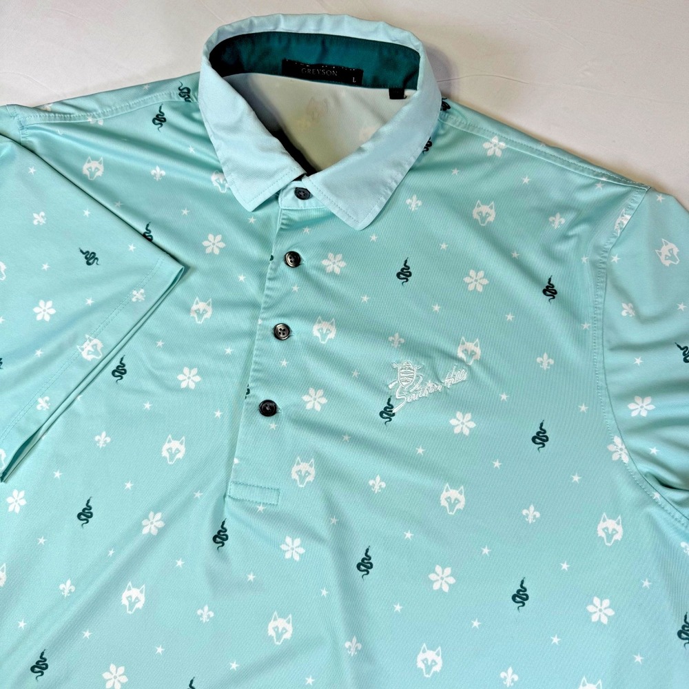 Greyson Performance Polo Shirt Men's Size Large Snake Wolf All Over Print Logo